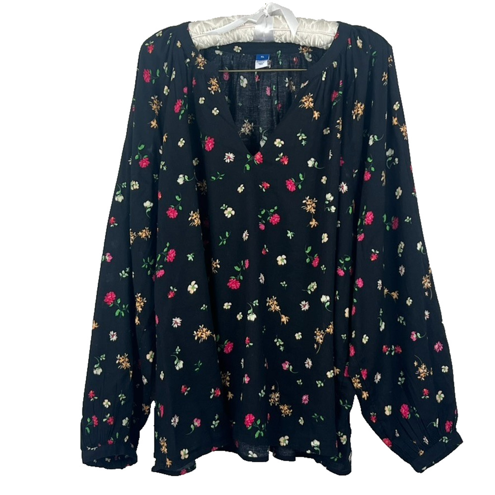 Gap Blouse Top Womens Sz XL V-Neck Black Ground Floral Balloon Sleeve Peasant